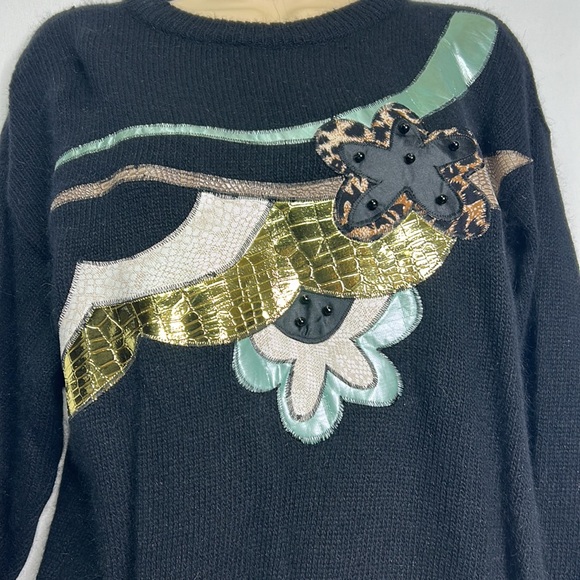 Glitz vintage silk ramie angora beaded leopard floral lace gold leather sweater - Picture 3 of 8